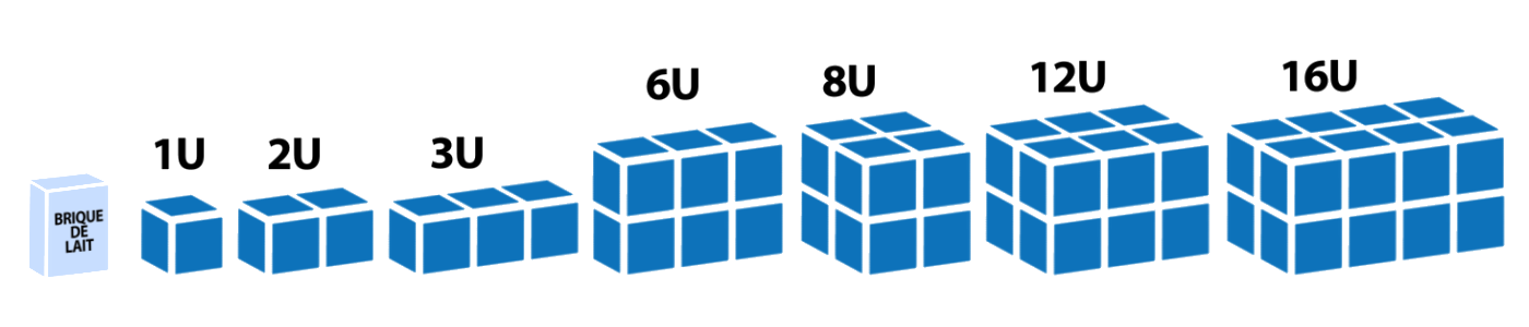 différentes tailles des nano-satellites allant de 1U (10cm par 10cm par 10cm) jusqu'à 16U (20cm par 20cm par 80cm)